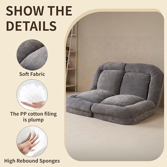 Convertible Fold-Out Lazy Sofa Bed - Adjustable Human Dog Bed for Adults, Plush Upholstered Adjustable Sofa Couch with 18-Position Backrest, 2-Person Floor Sofa Bed, Space Saving Design (Double)