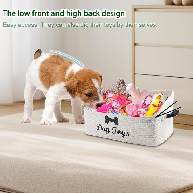 Dog Toy Basket-100% Cotton Rope Dog Toy Bin for Living Room Area-Trapezoid Pet Toys Box with Sturdy Handle-Puppy Bed-Dog Stuff Organizer for Toys,Collar,Leash,Blanket-Chew Proof-Beige