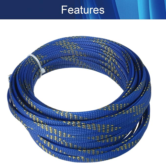 Jutagoss PET Expandable Braided Cable Sleeve, 32.8ft - 5/16 inch Blue Gold Cable Management Sleeve, Wire Loom Tube Cord Protector for USB Cable, Power Cord, Audio Video and More, 1Pc