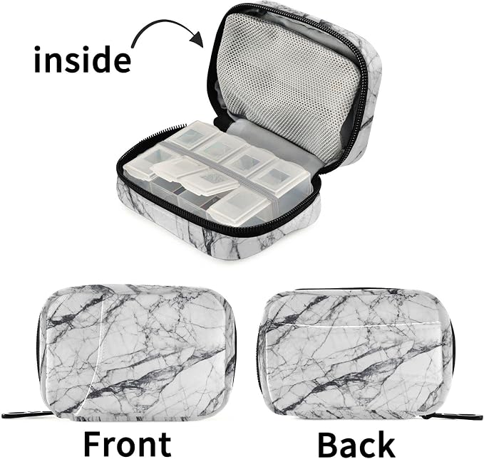 Marble Pill Case, Portable Weekly Pill Box Bag Container 7 Days Pill Organizer Vitamin Supplement Holder with Zipper for Travel Family Business Gym
