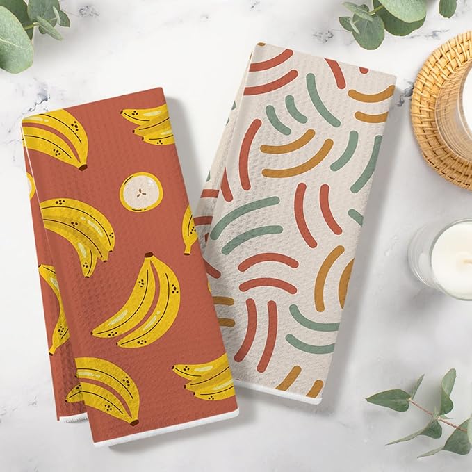 Banana Waffle Weave Kitchen Towels Set, Quick Dry Multipurpose Hand Towels for Bathroom, Absorbent Reusable Cloth Tea Dish Towels for Home Decor, Banana Lover Gift Towel Set of 2