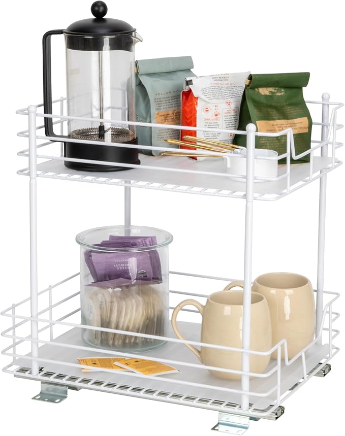 Household Essentials White Steel Two-Tier Pantry Organizer with Plastic Accents