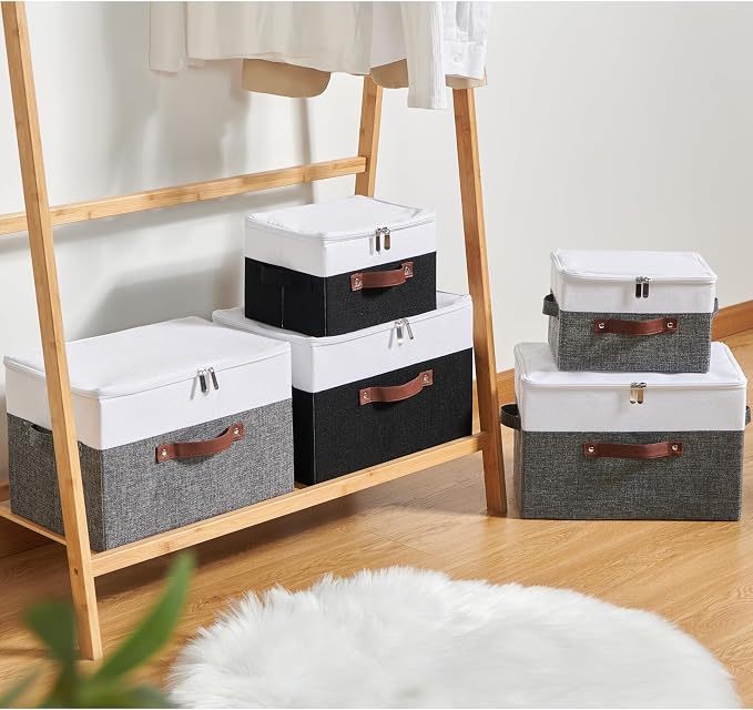 Storage Bins with Zipper Lids Decorative Lidded Baskets Boxes | Clothes Container, Closet Shelf Organizer, Foldable Washable, Cotton Linen Fabric, w/ PU Leather Handles, Gray White, Large