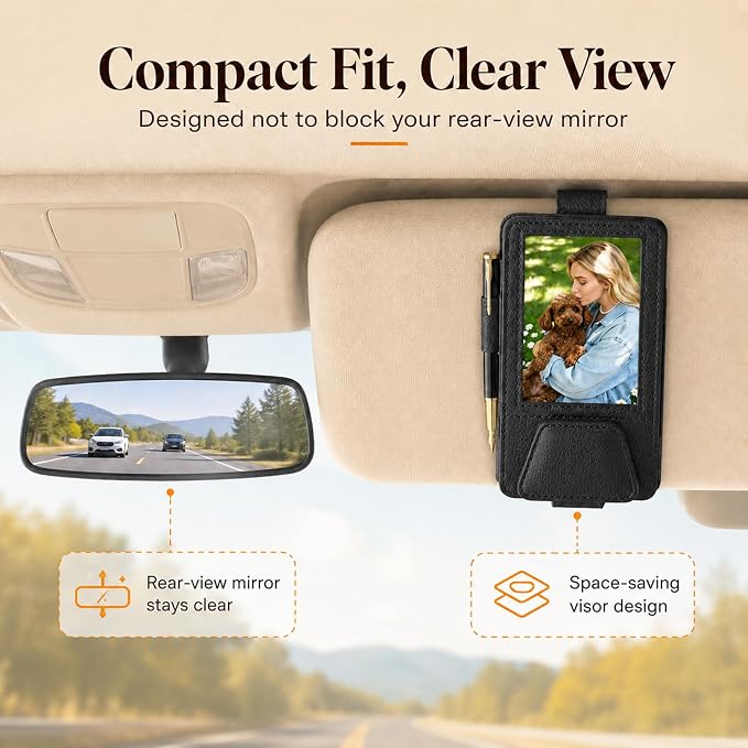 HOLDCY Car Visor Organizer with Registration Holder and Sunglasses Clip | Black PU Faux Leather With Photo Window, Flip-Open Card Storage, Slim Profile And Tool-Free Setup; 1 Piece