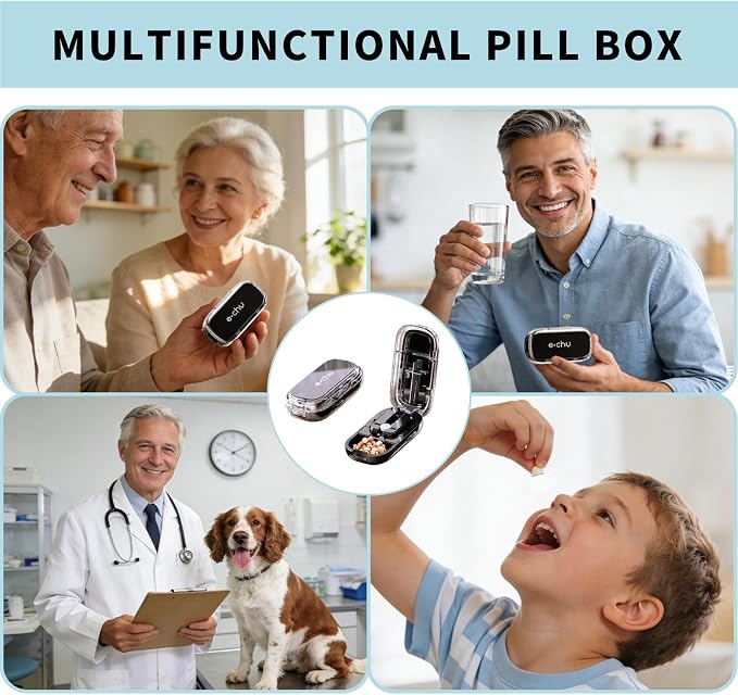 Pill Cutter Splitter for Small and Tiny Pills - Daily Pill Organizer with Professional Adjustable Cutter Splitter for Cutting Multiple Pills, Pill Case for Travel Purse Pocket (Black)
