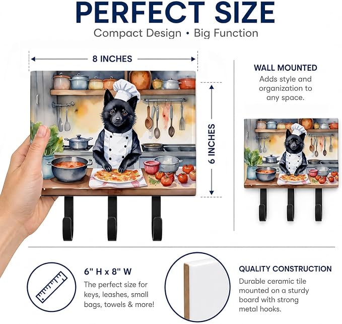 Caroline's Treasures Schipperke The Chef Leash or Key Holder Wall Hooks, Key Hooks Holder, Coat Rack Wall Mount, Coat Hooks, Hooks for Hanging Keys, Towels, Aprons, Leashes | Schipperke The Chef artwork on ceramic tile with three steel hooks for keys, ...
