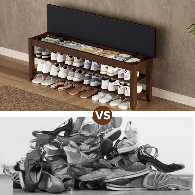 Homleke 47.2" Wide Solid Wood Shoe Rack Bench with Flip-Top Storage | 2-Tier Entryway Bench with Cushion, Adjustable Shelf, Holds Up to 12 Pairs, for Hallway, Bedroom and Closet, Walnut
