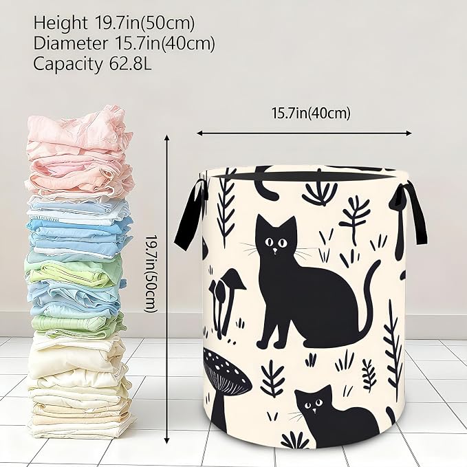Cute Cat Laundry Basket,Dirty Clothes Hamper,Black Kitten and Mushroom Storage Bin,Pet Lovers Gifts,Foldable Waterproof Oxford Cloth Baskets for Bathroom,Bedroom,Home Decoration(19.7" x 15.7")