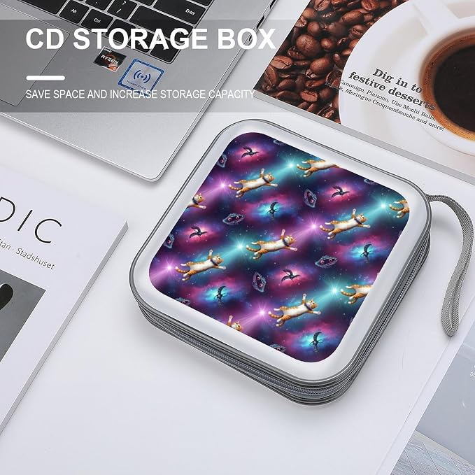 Hard Plastic Protective CD Case Funny Space Cat, 40-Disc Capacity Storage Binder with Zipper, Portable Organizer for Home Office