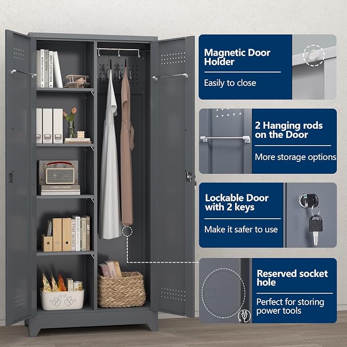 72.8" H Metal Garage Storage Cabinets, Metal Storage Cabinet with Hanging Rod & S-Hooks, Broom Closet Storage with Shelves, Functional Storage Cabinets for Garage, Warehouse, Grey