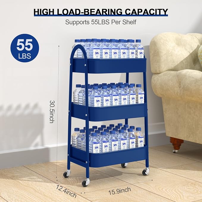 3 Tier Utility Rolling Cart, Metal Storage Cart with Handle and Lockable Wheels, Multifunctional Storage Organizer Trolley with Mesh Baskets for Kitchen, Living Room, Office, Garage (Indigo)