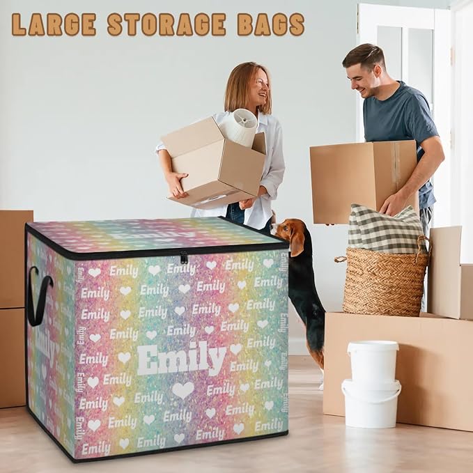 Custom Name Large Clothes Storage Organization with Lids, Bedding Clothes Towel Storage Bin Shelf Basket for Nursery, Gift Basket, Pet Basket, Light Colorful Glitters with Love Hearts
