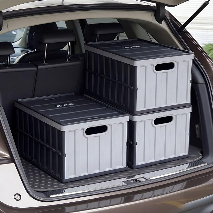 VEVOR Plastic Collapsible Storage Bins with Lids, 65L 3 Packs, Stackable Folding Storage Crates with Handles, Holds 84 lbs Per Bin, Heavy Duty Containers, Space-Saving Baskets, for Home Organizing