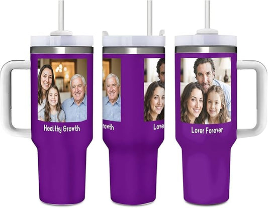 Personalized 40 OZ Ice Bully Cup with Handle and Straw, Custom Stainless Steel Tumbler with Lid Add Photo Logo Text, Design Travel Coffee Cup Present for Family Friends Birthday Christmas
