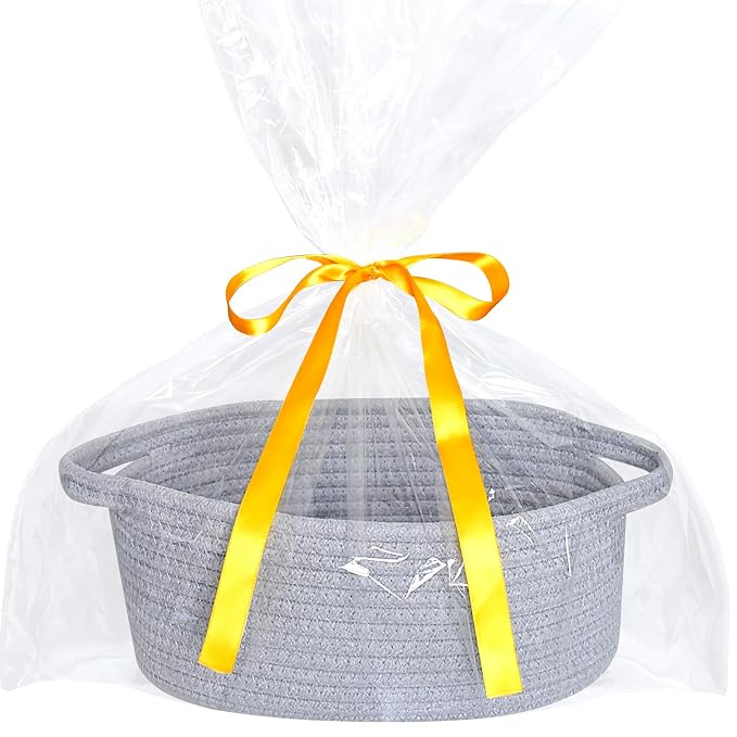 ABenkle Small Basket Empty Gift Basket, Decorative Boho Rope Woven Nursery Storage Organizer Dog Toy Baskets for Baby Showers Christmas Easter with Gift Bags and Ribbons, 12"X 8" X 5"