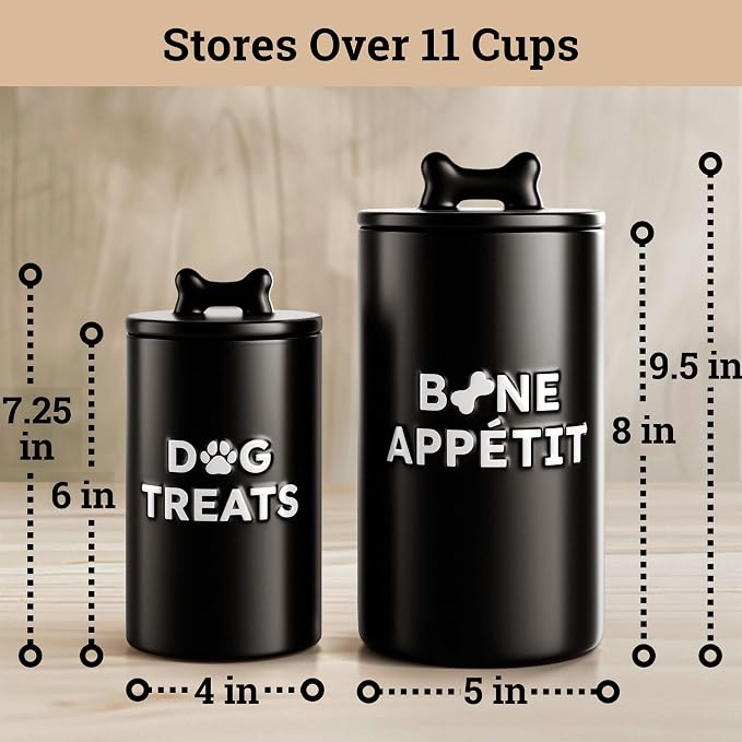 Ceramic Dog Treat Container Airtight Set of 2, 10x5 in & 7x4 in, 11 Cups | Airtight Ceramic Lids, Ceramic Bone Handles, Food Safe, Easy to Wash, Sturdy, Dishwasher Safe, Raised Design, 2-pc Dog Jars