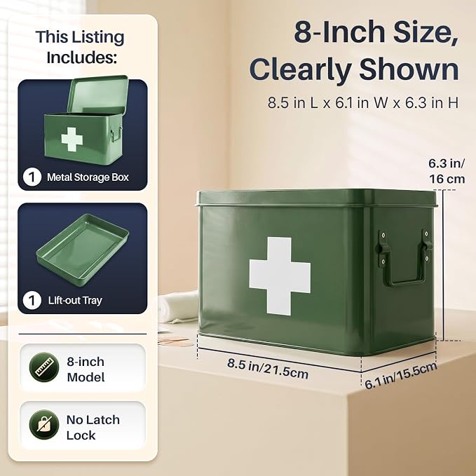 Flexzion Large Metal First Aid Box Empty, 8.5-Inch, Green with White Cross | Vintage Medicine Box and First Aid Storage Organizer with Removable Tray and Dividers; Empty Box Only, Supplies Not Included