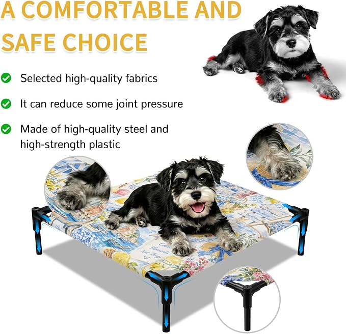 Summer Village Elevated Dog Bed, Coastal Blue Flowers Cart Yellow Lemons Starfish Outdoor Raised Pet Bed for Dogs Cats, Portable Breathable Cooling Waterproof Pet Cot 20x20 Inch