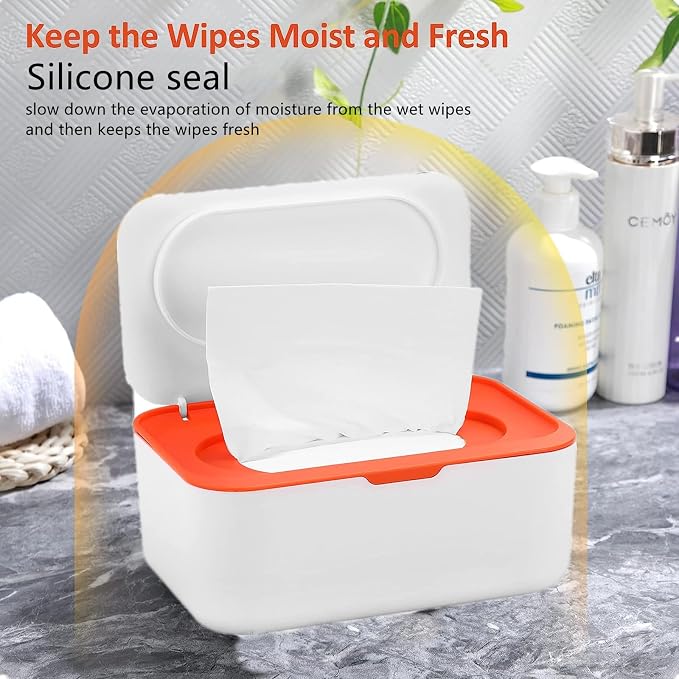 Wipes Dispenser with 2Pcs Portable Refillable Wipe Holder,Reusable Large Wipe Holder Box Flushable Wipes Case Bathroom Wipes Container for Pet Nursery Kitchen Office Counter (White-Orange) | Refillable Reusable Large Wet Wipe Holder, Flushable Wipes Ca...