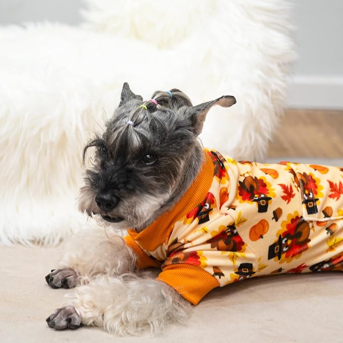 PUPTECK Soft Fleece Dog Pajamas for Small Medium Dogs, Dog Onesie Puppy Sweaters Clothes Jumpsuit Pjs, Cute Jammies Cat Coat Pet Costume Apparel, Turkey Orange L