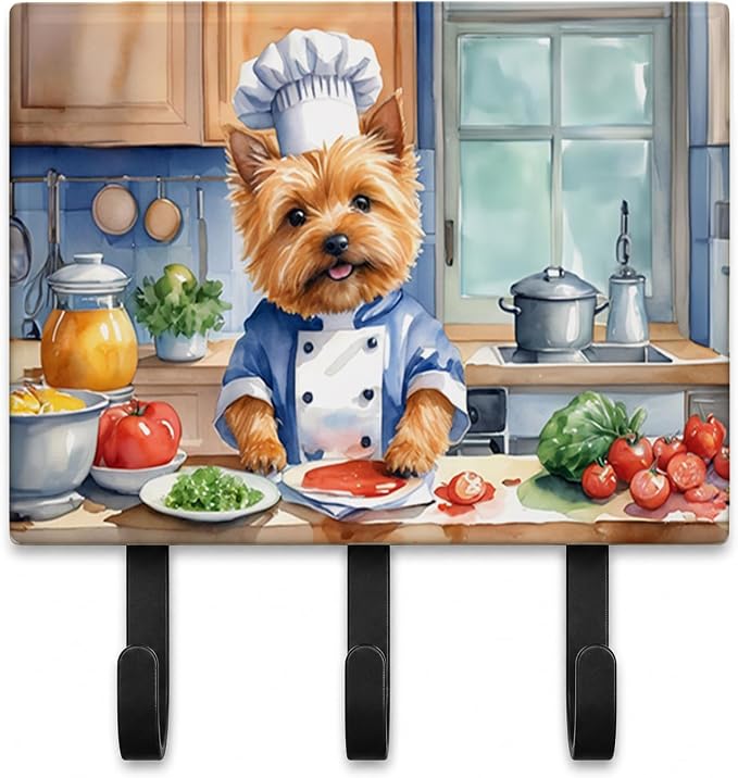 Caroline's Treasures Norwich Terrier The Chef Leash or Key Holder Wall Hooks, Key Hooks Holder, Coat Rack Wall Mount, Coat Hooks, Hooks for Hanging Keys, Towels, Aprons, Leashes | Norwich Terrier The Chef artwork on ceramic tile with three steel hooks ...
