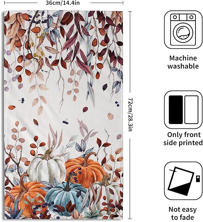 Giwawa Fall Hand Towel Set of 2, Autumn Leaf Orange Blue Pumpkins Decorative Towels, Colorful Harvest Thanksgiving Face Fingertip Towel Dish Wash Cloth for Bathroom Hotel Gym Home Spa