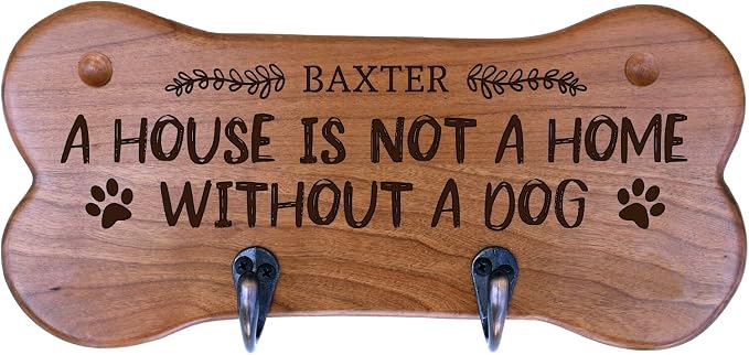 Rooms Organized Personalized Wall Mounted Small Cherry Dog Bone Pet Leash Rack,Dog Collar Holder New Home Decor Gift Ideas and 2 Hooks 11" L x 5.25" H 2.5" deep (A House)