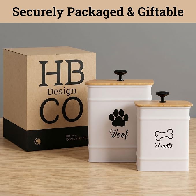 Dog Treat Container Set of 2 with Airtight Bamboo Lids - 8x6 & 7x5 inch | Fits All Popular Treats, Up to 20 Cups Combined Capacity, Airtight Bamboo Lid, Easy Open Lid, Dent-Resistant Durable Metal