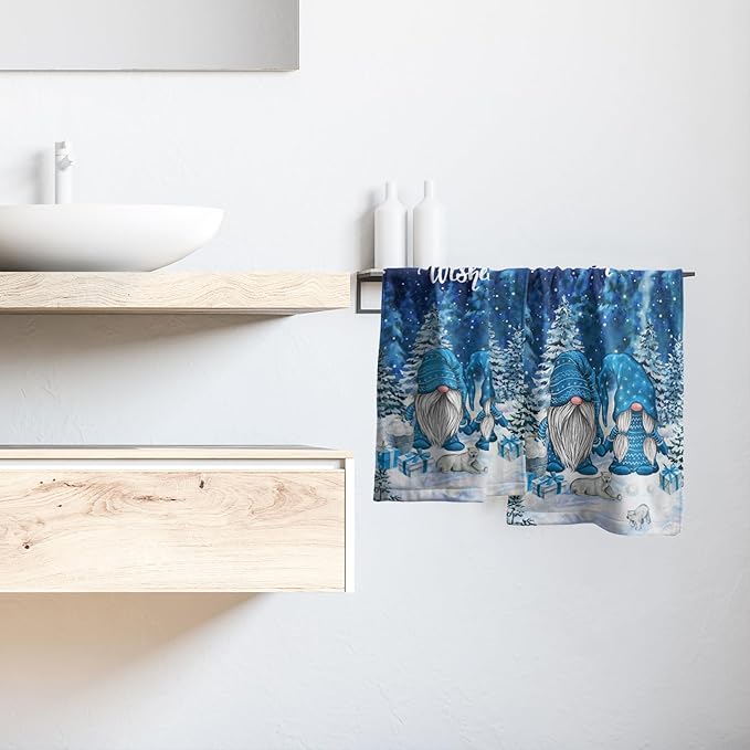 Giwawa Winter Gnomes Hand Towels Blue Pine Tree Kitchen Dish Towels Set of 2 Soft Face Bathroom Towel Seasonal Decorative for Guest Hotel Spa Gym