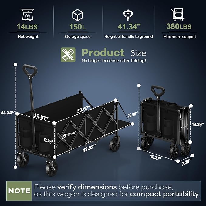 43'' Extra Long Folding Wagon with Extended Tailgate, Black | Wagons Carts Foldable, 360LBS Heavy Duty, Compact Portable, Utility Collapsible for Shopping/Beach/Garden/Camping/Sports