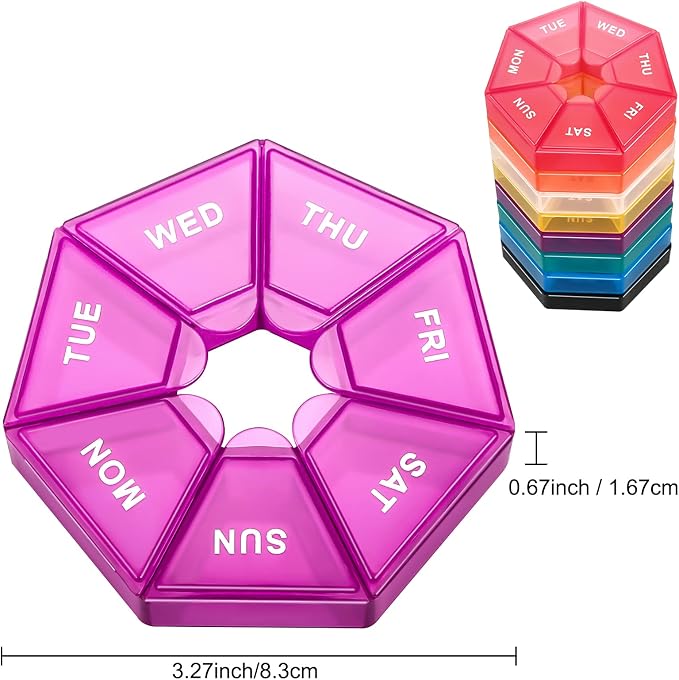 Ponpon 8pcs Pill Holder Box 7-Sided Portable Vitamin Holder Box Pill Organizer Medicine Planner (8 Corlor)
