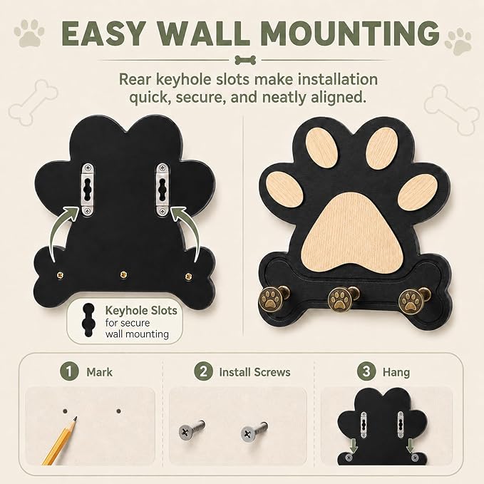 1 Pack Dog Leash Holder for Wall, Wooden Key Holder Wall Mount with 3 Metal Hooks, Dog Paw Organizer for Dog Owners and Pet Lovers (Black) (2)
