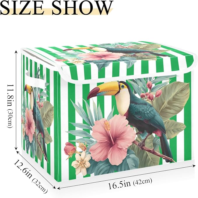 Fabric Storage Bins with Lid Floral Bird Foldable Storage Boxes 40L Baskets | Decorative Storage Boxes, Dust-Proof Flip Top, Reinforced Handles, For Home & Bedroom, Clothes & Toy Box, Flower Fabric Print