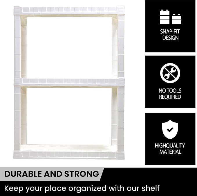 Oskar Heavy Duty Plastic Storage Shelves- for Garage, Kitchen, Bathroom Basement Kids Room, Stackable 3-Tier White, Organizer Rack for Books Shoes, Toys, Pantry, Cleaning and Closet Organization