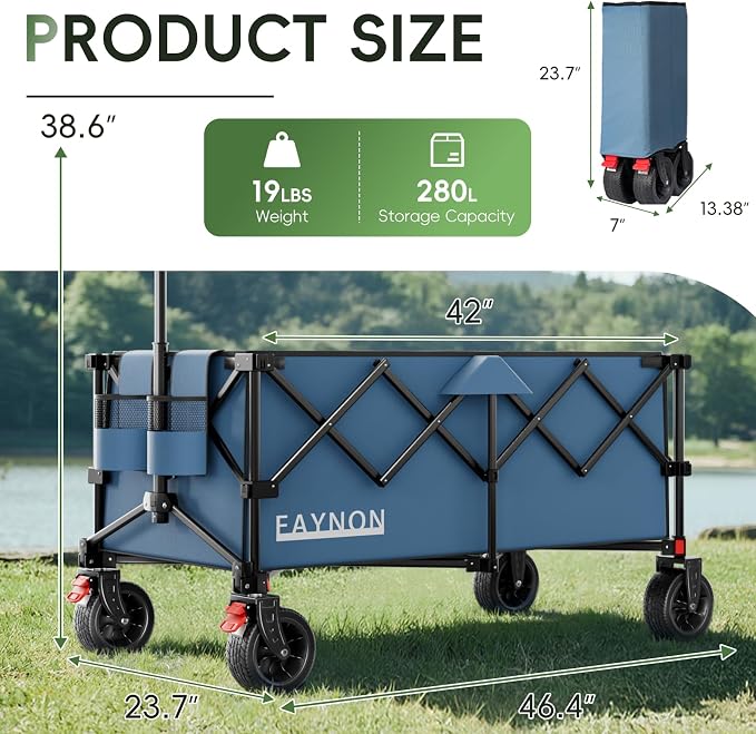 46" L Collapsible Foldable Extended Wagon, 500LB Weight Capacity with 280L Heavy Duty Folding Cart,Utility Wagon with All-Terrain Beach Wheel & Drink Holders,Light Blue