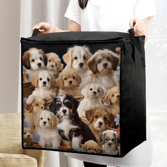Cute Pet Dogs Storage Bags Comforter Quilt Blanket Clothes with Zipper & Handles Easy to Fit King Size Comforter Set Closet Under Bed Organizer for Dorm Pillows Bedding 70L