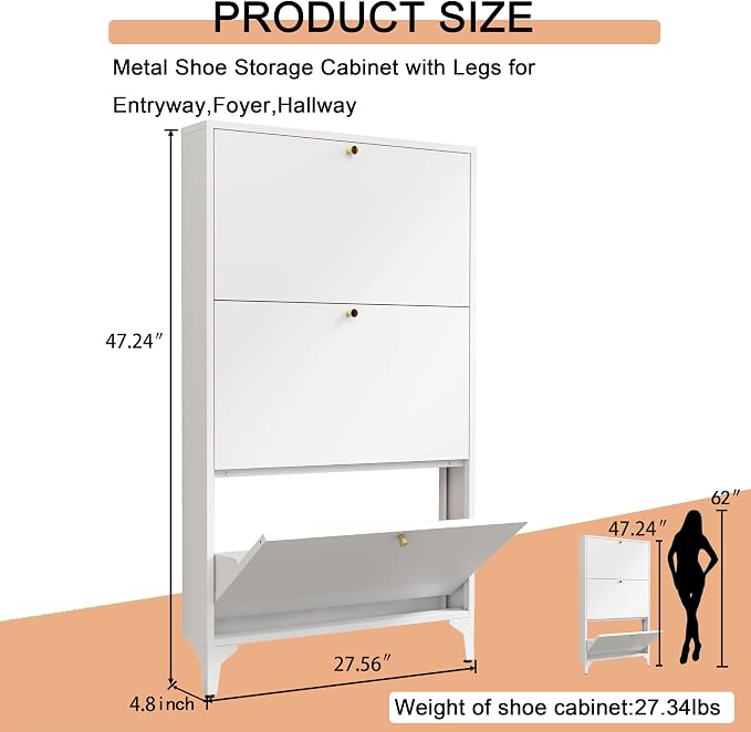 Shoe Cabinet with 3 Flip Drawers, Narrow Shoe Storage Cabinet, Farmhouse Shoe Organizer, Freestanding Organizer with Metal Legs for Entryway, Foyer (White, 3 Door)