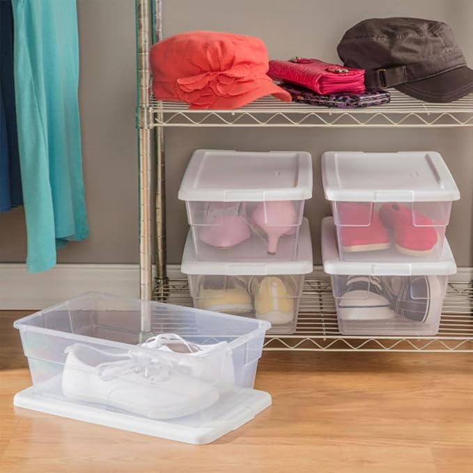 Sterilite 6 Quart Storage Box, Clear Plastic with White Snap Lid, 12 Pack