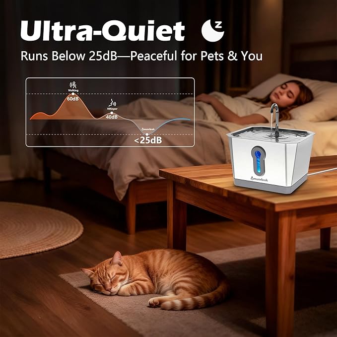 Amunrbrek Smart Cat Water Fountain with App, 3.5L Stainless Steel Gravity Pet Water Dispenser, Silent Pump, Low Water Alert & Drinking Tracking
