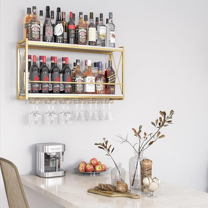 Dokser Wine Rack Wall Mounted Shelf - 2 Tier Wine Bottle Holder for Kitchen | 31.5"Gold 2 Tier Wall Wine Rack with Rustic Wood & Industrial Iron Frame, Wine Bottle Holder for Dining Room, Home Bar Decor