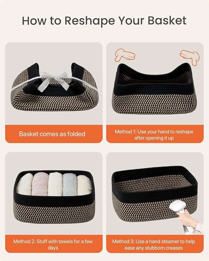 KALLAX Small Woven Storage Basket for Organizing, 13.5x9.5x5 inches, 3 Pack | Shelf baskets for closet organization, toy storage and home decor, Perfect as empty gift baskets for holidays, Black & Brown