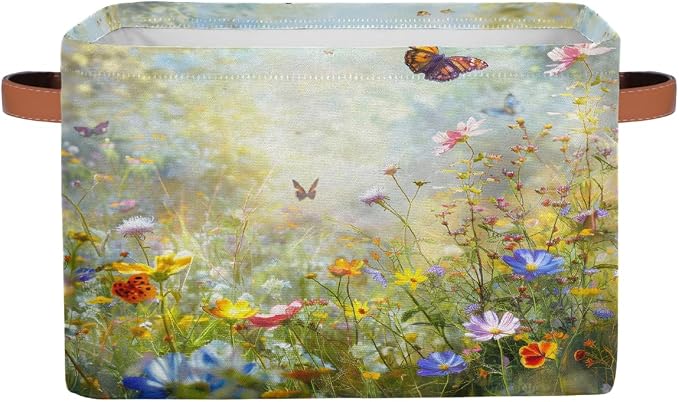 Storage Baskets Bin, Spring Wild Flowers Butterfly Collapsible Canvas Fabric Storage Bin Decorative Baskets Toy Organizer Rectangle Storage Boxes with Handles for Home Shelves Nursery,1Pack,A-696