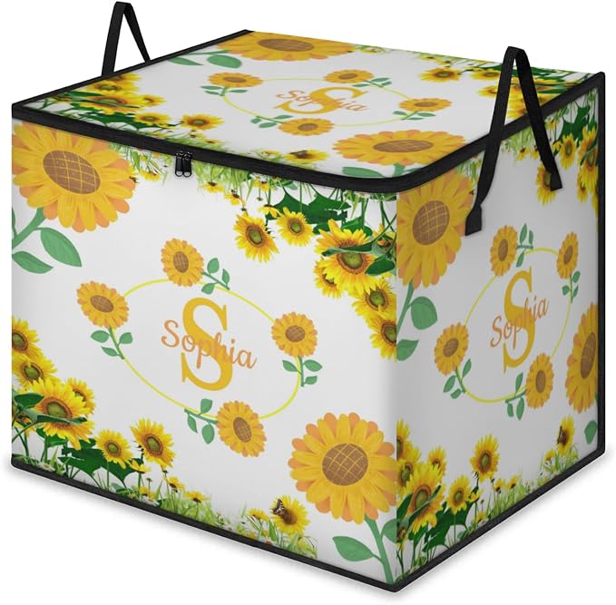 Personalized Extra Storage Bins with Lid, Customized Name Initial Letter Jumbo Storage Basket Rectangle Clothes Organizer for Organizing Kids and Pets Toys Shelf Closet, Summer Sunflowers