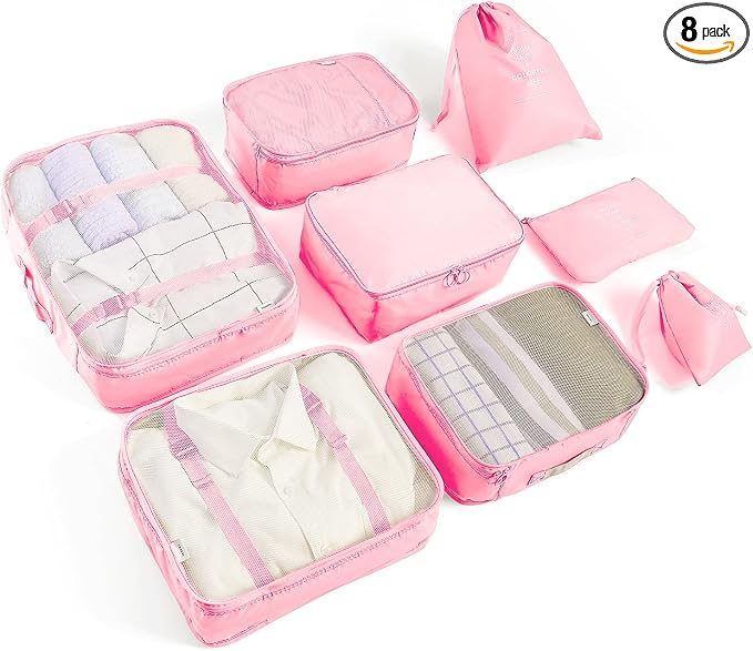 LANSKLBD 6/8 Set Packing Cubes for Suitcases Travel Luggage Packing Organizers,Travel Accessories Essentials Luggage Organizer with Shoe/Tioletry/Laundry Bag (Pink, 8 set)