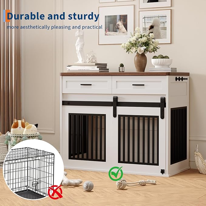 44.5'' Dog Crate Furniture with Hook and Storage Drawer, Wooden Dog Kennel with Sliding Barn Door Indoor Furniture Style Dog Crates End Table for Medium/Small Dogs (White)