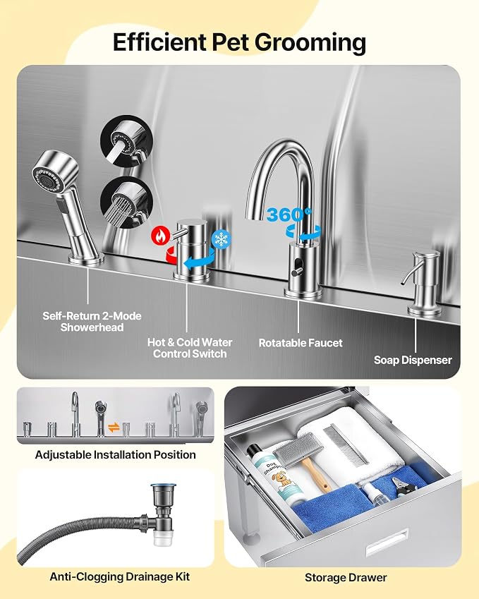 VEVOR Professional 304 Stainless Steel Dog Bathing Station, 61 inch Pet Grooming Tub w/Anti-Slip ramp, Storage Drawer, Cold Hot Faucet Showerhead, for Large & Medium & Small (Left Door, with Drawer)