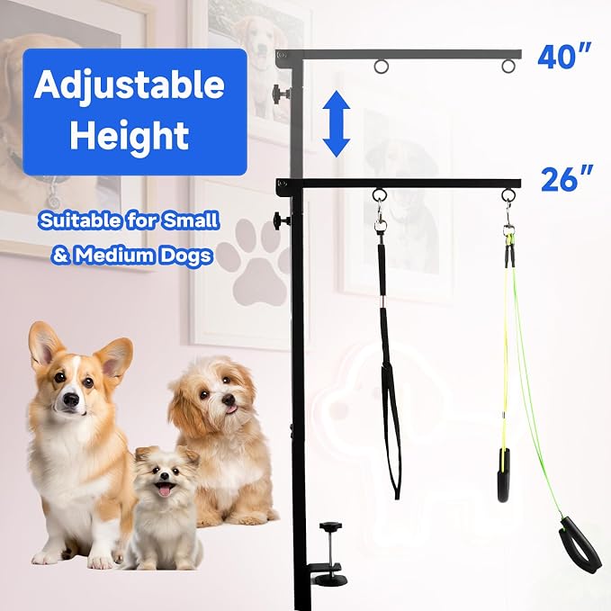 Dog Grooming Arm for Table, for Small Dogs, Haunch Holder&with Hammock | Foldable Arm with Clamp, Adjustable Height 26"-40", Pet Grooming Station for Home Nail Cutting & Trimming
