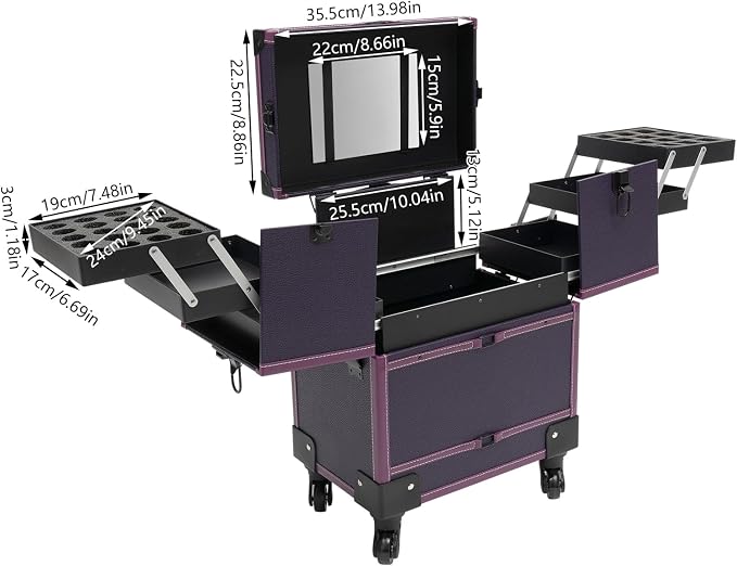 Rolling Makeup Train Case, Aluminum Cosmetic Trolley Organizer with Sliding Drawers, Barber Case with Key Swivel Wheels, Travel Cosmetic Organizer for Hair Stylists,Pet Groomers,Makeup Artists, Purple