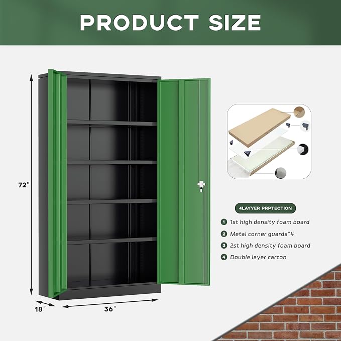 Greenvelly Metal Storage Cabinet, 72" Locking Metal Garage Storage Cabinet with Doors and 4 Adjustable Shelves, Lockable Steel Cabinet for Home Office, Garage, Shop, School (Green 36" W x 18" D)