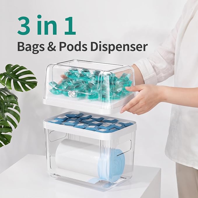 Delamu 2 Pack (XL+S) Trash Bag Dispenser + 3 In 1 Dishwasher Pod Holder | Clear Acrylic Organizer Bins for Under Sink Organization, Pantry Storage, Cabinet, Kitchen, Laundry, Bathroom
